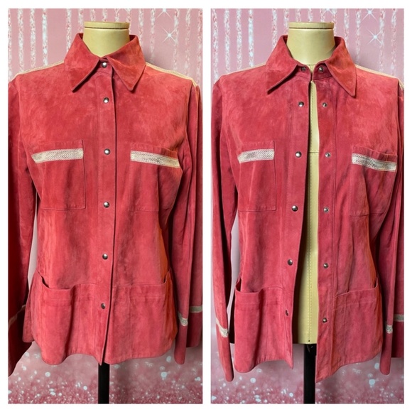 [6] ZENOBIA Italian Leather Red Suede Snap-Down Overshirt/Jacket - Picture 1 of 10
